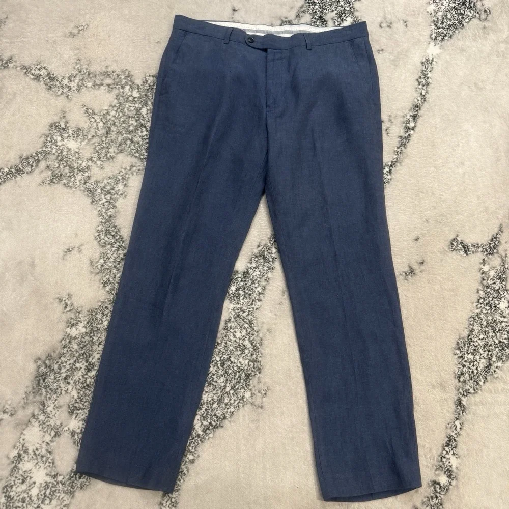 Joseph Abbound 100% Linen Dress Pants Mens Sz 36X30 Blue Flat Front Lightweight